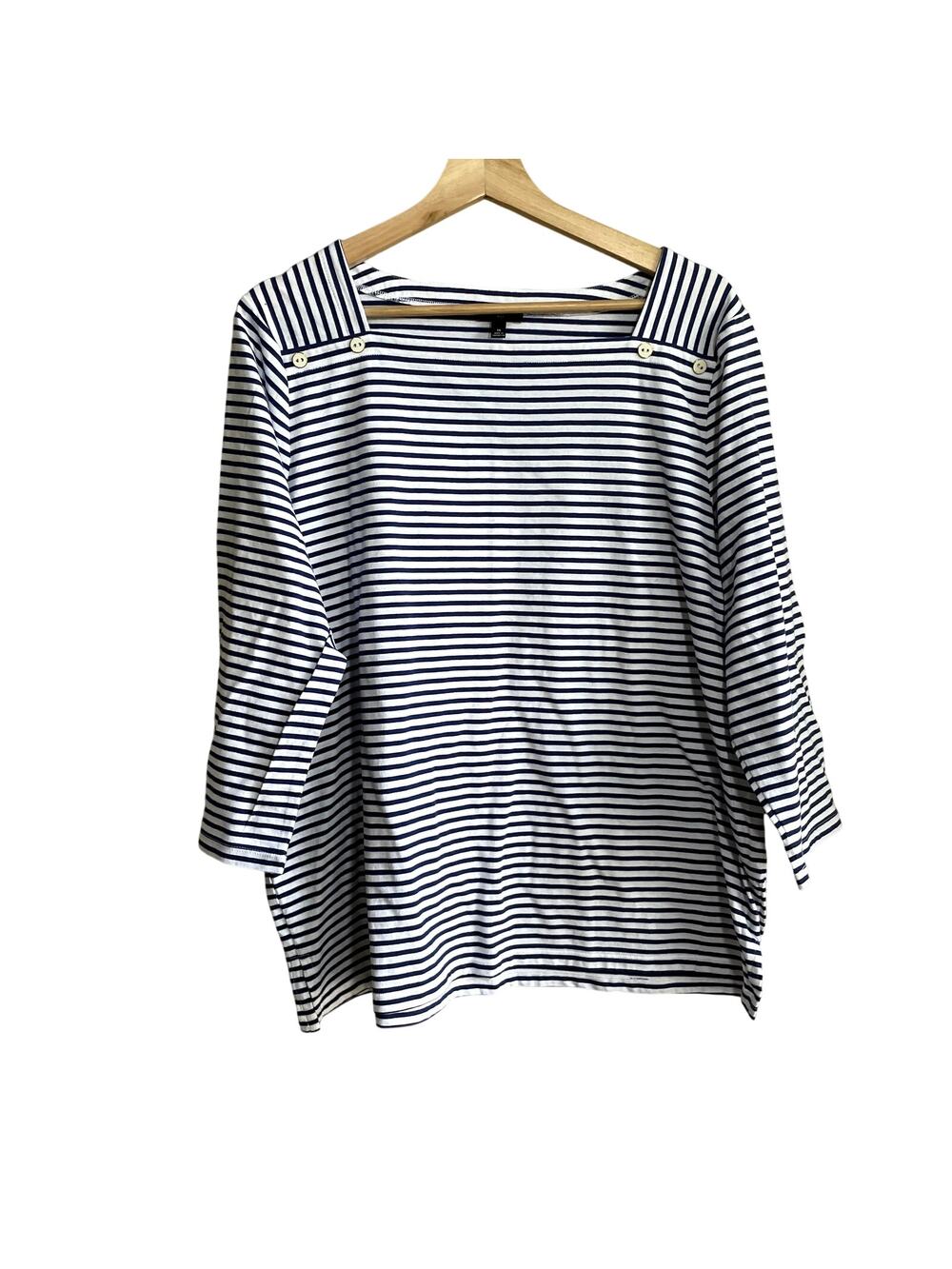 Talbots plus square neck blue white striped long sleeved shirt women's 1X cotton